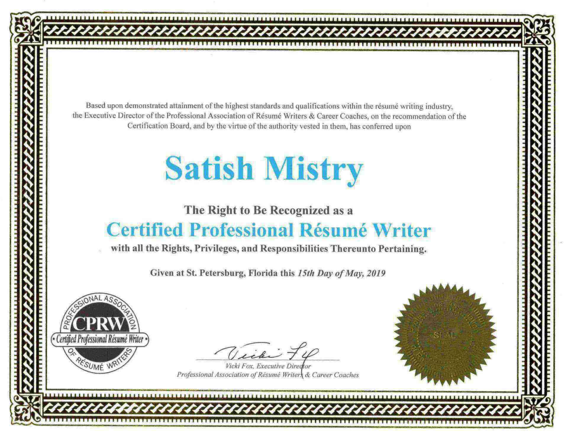 CPRW Certificate Certified Professional Resume Writer